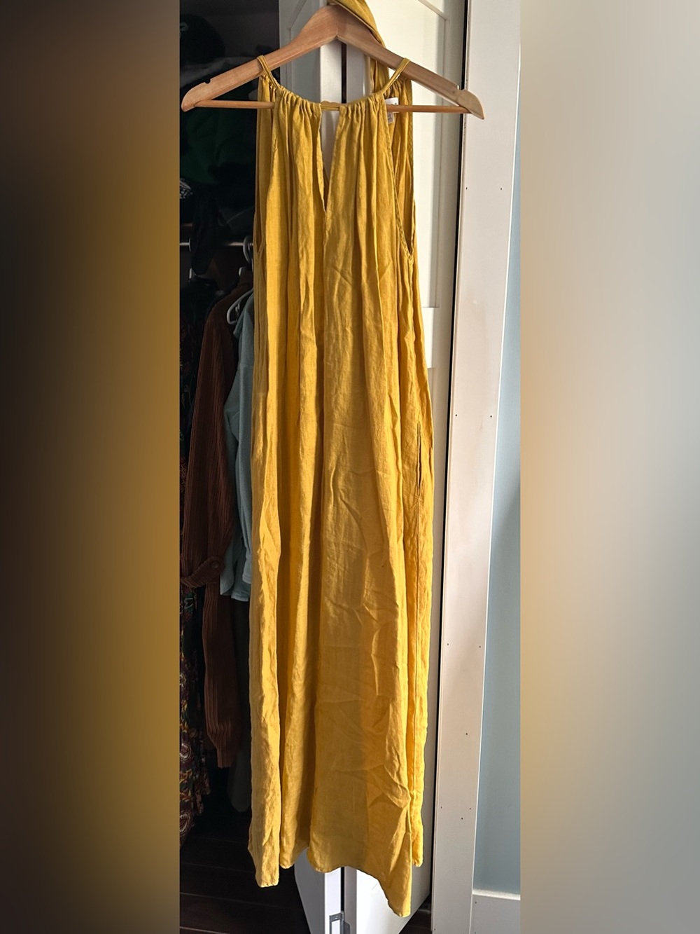 ANTHROPOLOGIE Velvet by Graham & Spencer Linen Mustard Yellow Maxi Dress - L